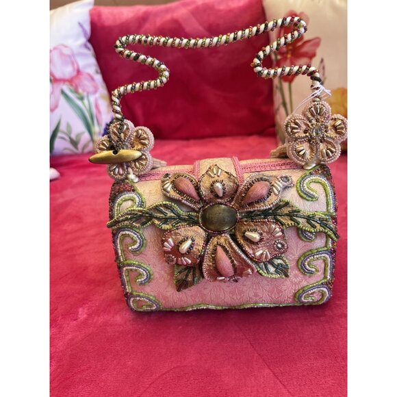 Mary Frances Handbags - Mary Frances Beaded Floral Handbag With Intricate Embroidery Pink & Green Accent